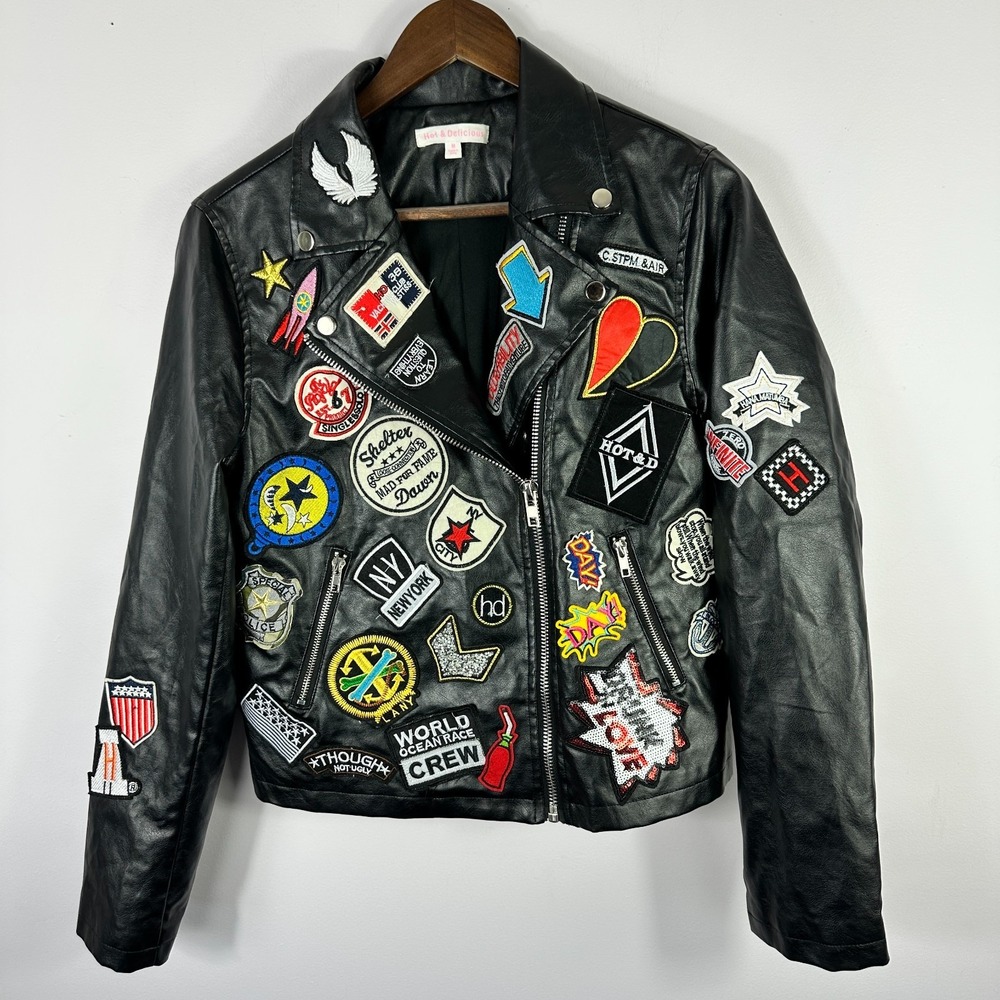 Hot & Delicious Black Faux Leather Moto Biker Jacket Medium Patches Punk Edgy